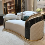 Curved Luxury Sofa Set with Fan Quilted Craftsmanship, High-Gloss Natural Burl Wood Veneer & Gold Stainless Steel Detailing